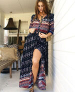 Vestido longo estampa étnica manga 3/4