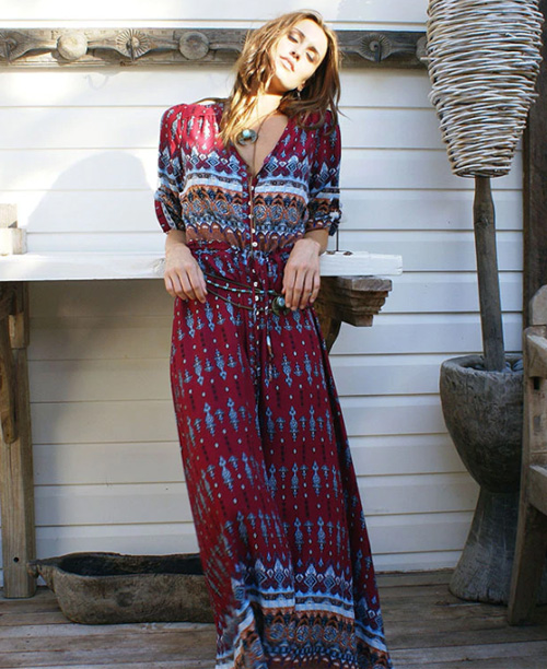 Vestido longo estampa étnica manga 3/4
