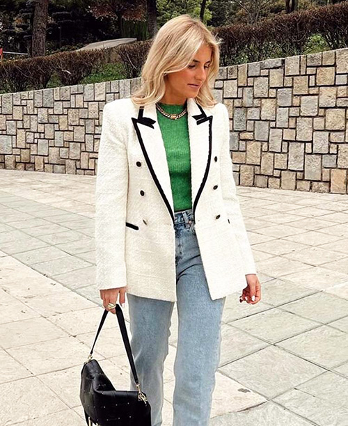 Blazer de tweed feminino preto e branco