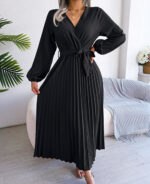 Vestido longo plissado com manga longa