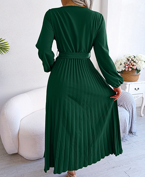 Vestido longo plissado com manga longa